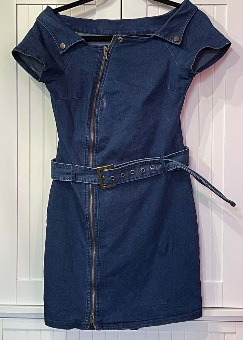 Fashion Nova Off-the-Shoulder Zip Front Denim Mini Dress with Belt